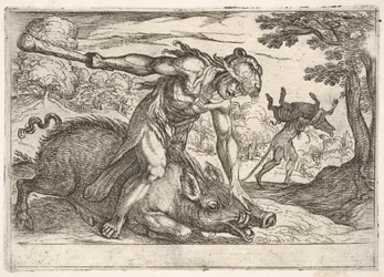 Hércules y el jabalí de Erimanto: Hércules sujeta el hocico del jabalí con su mano izquierda, 1608