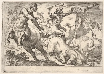 Hércules y los centauros: Hércules sostiene la cabeza de un centauro con su mano izquierda y levanta..., 1608