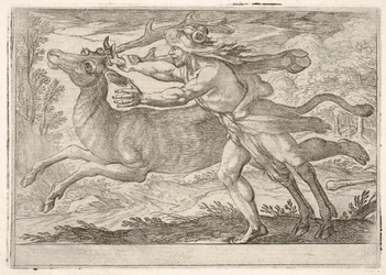 Hércules y la cierva del monte Cerinia: Hércules camina junto a la cierva y la agarra..., 1608