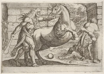 Hércules y las yeguas de Diomedes: Hércules agarra las riendas de un caballo encabritado, un segundo..., 1608