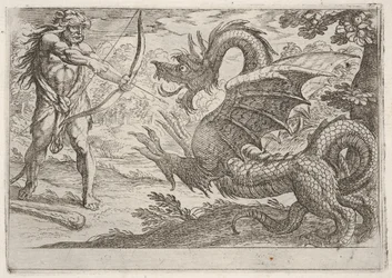 Hércules y la serpiente Ladón: Hércules tensa su arco, la serpiente erguida aparece en proa..., 1608