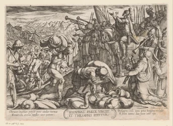 Josafat agradece a Dios por su victoria Iosaphat prece vincit et thesauris potitur (título sobre el objeto) Escenas de batalla del Antiguo Testamento (título de la serie)