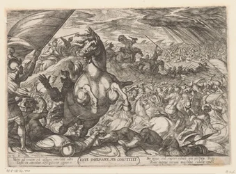 Josué ordena al sol que se detenga Iosue imperante sol constitit (título sobre objeto) Escenas de batalla del Antiguo Testamento (título de la serie)