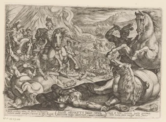 Josué paraliza los caballos y quema los carros de las naciones Iosue absoluto bello crura hostium equis amputat, currus comburit (título sobre objeto) Escenas de batalla del Antiguo Testamento (título de la serie)