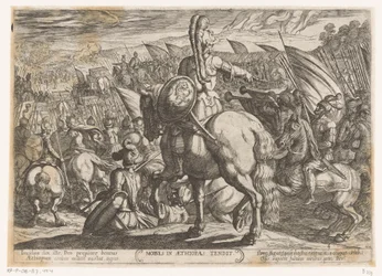 Moisés ordena a los israelitas que ataquen a los etíopes Moyses en Aethiopas tendit (título sobre objeto) Escenas de batalla del Antiguo Testamento (título de la serie)