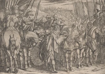 Placa 10: Alejandro encontrando el cuerpo de Darío, de Los hechos de Alejandro Magno, 1608