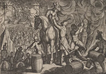 Placa 13: Ataque a la fortaleza romana de noche, de La guerra de los romanos contra los ba..., 1611