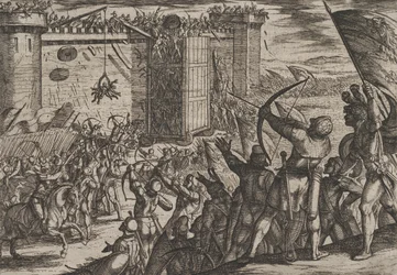 Placa 14: Nuevo ataque a la vieja fortaleza, de La guerra de los romanos contra los batavios..., 1611