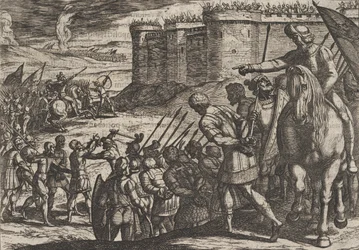 Placa 16: Cautivos romanos ante la antigua fortaleza, de La guerra de los romanos contra los B...
