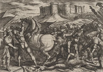 Placa 17: Los Romanos Engañados por el Caballo de Civilis para Creer que Estaba Muerto o Herido, de..., 1611