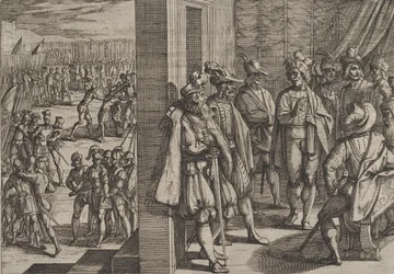 Lámina 18: Reunión secreta de Civilis con otros líderes de Tréveris, de La guerra de los romanos contra los bátavos, 1611.
