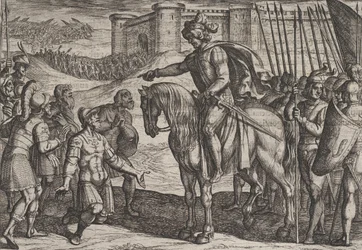 Placa 19: Hombres de la fortaleza se rinden y prometen sus vidas a Civilis, de La guerra ..., 1611