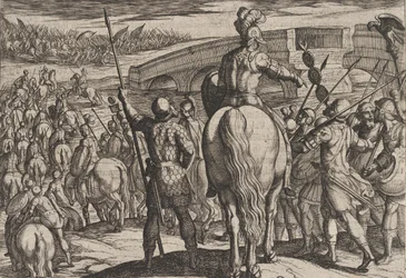 Placa 24: La vanguardia de las nuevas tropas romanas retrocedió, de La guerra de los romanos, 1611