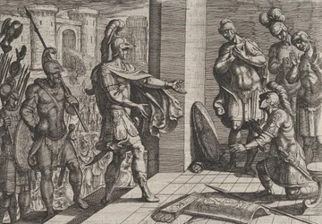 Placa 26: Cerialis perdona y alivia a los soldados romanos que ayudaron a Civilis, de The Wa..., 1611