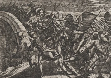 Placa 27: Los holandeses durante un ataque sorpresa al campamento romano en el Mosela, de La guerra de los romanos contra los batavios, 1611