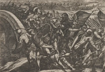 Placa 27: Los holandeses durante un ataque sorpresa al campamento romano en el Mosela, de The Wa..., 1611