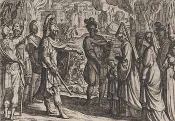 Placa 28: Las tropas de Colonia traen a la esposa y hermana de Civilis a Cerialis, de La guerra de los R..., 1611