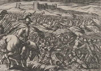 Placa 29: Civilis inunda la tierra rompiendo defensivamente los diques, de La guerra de los R...