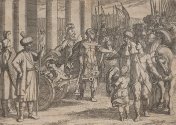 Placa 2: Alejandro cortando el nudo gordiano, de Los hechos de Alejandro Magno, 1608