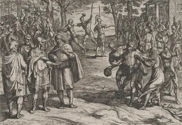 Placa 2: Los romanos tomando a viejos holandeses como rehenes y seduciendo a los jóvenes, de La Guerra..., 1611