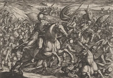 Placa 30: Cerialis Conduciendo a los Holandeses al Rin, de La Guerra de los Romanos Contra..., 1611