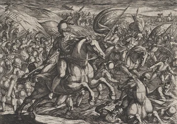 Placa 30: Cerialis expulsando a los holandeses al Rin, de La Guerra de los Romanos contra..., 1611