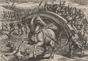 Placa 31: Civilis obligado a desmontar y nadar a través del río, de La guerra de los romanos..., 1611