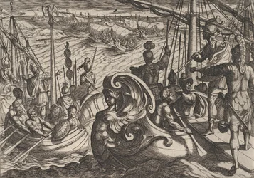 Placa 33: Flotillas holandesas y romanas en el Rin, de La guerra de los romanos contra los b..., 1611