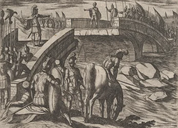 Placa 36: Civilis y Cerialis se encuentran en un puente roto para llegar a un acuerdo, de La Guerra de..., 1611
