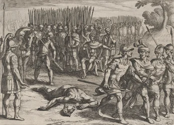 Placa 3: Claudio Civilis arrestado y su hermano Paulus decapitado, de La Guerra de los Ro..., 1611