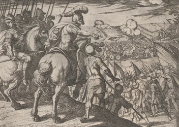 Placa 5: Alejandro dirigiendo una batalla, de Los hechos de Alejandro Magno, 1608