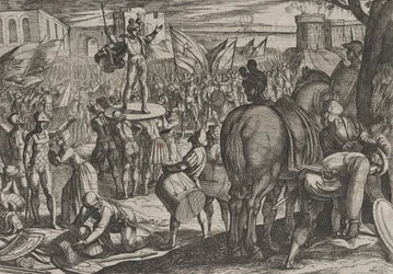 Lámina 5: Bruno nombrado jefe de los cananefates, de La guerra de los romanos contra los..., 1611.