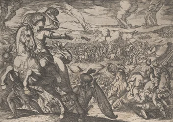 Placa 6: Darío huyendo del campo de batalla, de Los hechos de Alejandro Magno, 1608