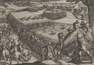 Placa 6: Romanos derrotados cerca del Rin, de La guerra de los romanos contra los batavios, 1611