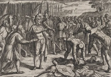 Placa 7: Enviados alemanes visitan a Civilis, de La guerra de los romanos contra los batavios, 1611