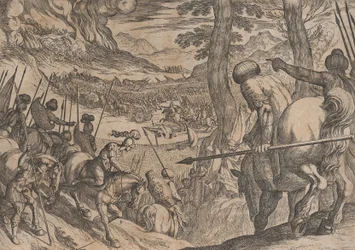 Placa 8: Alejandro rodeando a las tropas enemigas con fuego, de Las hazañas de Alejandro