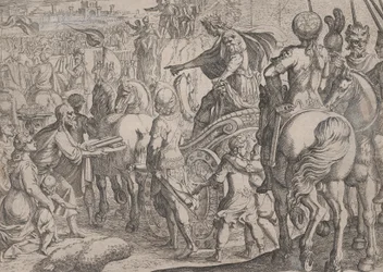 Placa 9: Entrada triunfal de Alejandro en Babilonia, de Los hechos de Alejandro Magno, 1608