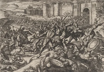 Placa 9: Los romanos derrotados por las tropas holandesas en Bonna, de La guerra de los romanos contra..., 1611