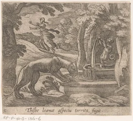 Thisbe vlucht voor the leeuwin by the bron Este aspecto del territorio fugit (título sobre objeto) Metamorfosis y transformación (título de la serie) Las metamorfosis de Ovidio (título de la serie)