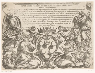Grabado de título con dedicatoria y escudo de armas de Cosme II de