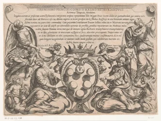Grabado de título con dedicatoria y escudo de armas de Cosme II de