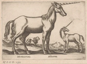 Dos unicornios y un león Monocerons/ Allicorno (título sobre objeto) Animales y criaturas míticas (título de serie) Nova raccolta de li animali piu curiosi del mondo (título de la serie)