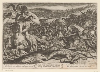 Suicidio de Saúl después de su derrota por los filisteos Saul post cladem et necem fillor sibl morte conscivit (título sobre el objeto) Escenas de batalla del Antiguo Testamento (título de la serie)