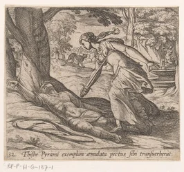 Zelfmoor van Tisbe Thijsbe había atravesado su pecho siguiendo el ejemplo de Pyramus (título sobre objeto) Metamorphoseon o transformaciones (título de la serie) Metamorfosen van Ovidius (título de la serie)