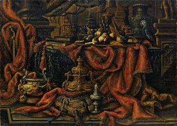 Cubiertos, bandeja de frutas y caramelos (óleo sobre lienzo)