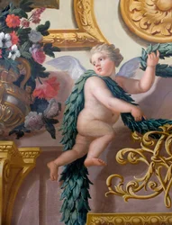 Detalle de un mural que muestra un querubín con una corona de laurel y una guirnalda, The Banqueting House