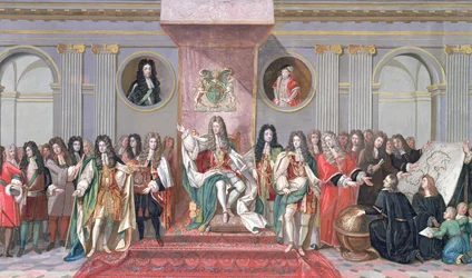 James II recibiendo a los eruditos matemáticos del Hospital de Cristo (detalle)