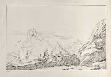 Paisaje montañoso con dos hombres en primer plano, 1828