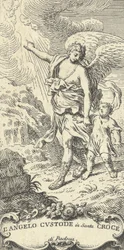 Un ángel guiando a un niño y señalando a las nubes