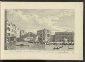 Gezicht op het Canal Grande, Palazzo dei Camerlenghi en de Rialtobrug te Venice Un puente sobre el río Rialto al oeste, con edificios públicos agregados a cada lado (título sobre el objeto) Vistas más famosas de la ciudad de Venecia